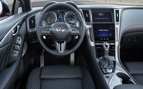 A new steering wheel, shift lever and lots of red stitching makeup the interior changes on the 2018 Q50 Red Sport 400.