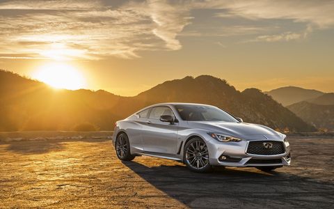 The 2017 Infiniti Q60 3.0T has a twin-turbo V6 producing 300 hp and 295 lb-ft of torque.