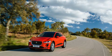 The 2019 Jaguar I-Pace is the marque's first electric vehicle. It packs 394 hp and 512 lb-ft of torque courtesy of a pair of motors at its front and rear; in between is a battery that offers a range of 240 miles.