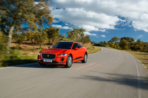 The 2019 Jaguar I-Pace is the marque's first electric vehicle. It packs 394 hp and 512 lb-ft of torque courtesy of a pair of motors at its front and rear; in between is a battery that offers a range of 240 miles.