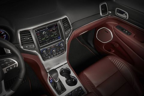 The 2018 Jeep Grand Cherokee Trackhawk shares the majority of its interior with its fellow Grand Cherokee stablemates, which isn't a bad thing but it's not quite as nice as other high-end SUVs.
