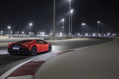 The 2020 Lamborghini Huracan Evo at the Bahrain International Circuit day and night