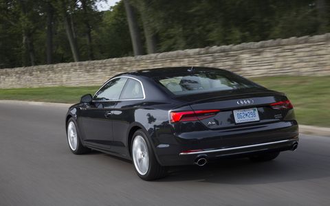 The 2018 Audi A5 2.0T Quattro has a 2.0-liter turbo engine producing 252 hp and 273 lb-ft of torque.