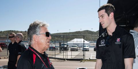 Alexander Rossi, right, and Mario Andretti chat during the recent IndyCar test in Phoenix.