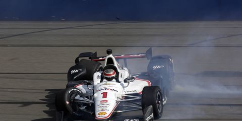 Will Power skids to a stop at Fontana on Saturday night after colliding with Takuma Sato. Power compared the race to that of the 2011 Las Vegas race where Dan Wheldon was killed.