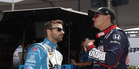 James Hinchcliffe (left) and Graham Rahal (right) have a chat during a race weekend last year.