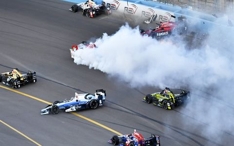 A crash erupted in turn one of Saturday night’s Desert Diamond West Valley Phoenix Grand Prix, when Mikhail Aleshin spun in turn one of the opening lap of the race. Graham Rahal then slammed into Marco Andretti and Max Chilton. Sébastien Bourdais also suffered serious damage to his Honda. Ryan Hunter-Reay’s Honda was also hit, but he was able to continue in the field.