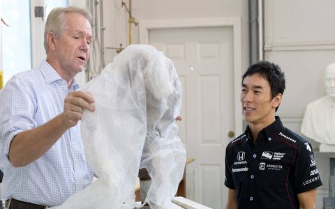 2017 Indianapolis 500 winner Takuma Sato visits William Behrends' studio in Tryon, North Carolina to check out the progress of his likeness that will be going on the Borg-Warner Trophy.