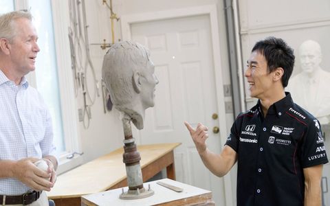 2017 Indianapolis 500 winner Takuma Sato visits William Behrends' studio in Tryon, North Carolina to check out the progress of his likeness that will be going on the Borg-Warner Trophy.