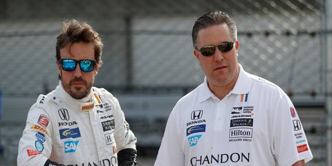 American businessman and McLaren Technology Group executive director Zak Brown, right, is part of Fernando Alonso's Indy 500 effort at the Indianapolis 500.