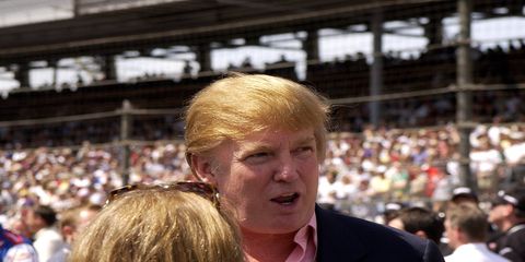 Current Republican presidential candidate and real estate magnate Donald Trump, shown during the 2002 Indy 500, once was tied to several deals that would have put his name on a NASCAR speedway. Those deals were never realized.