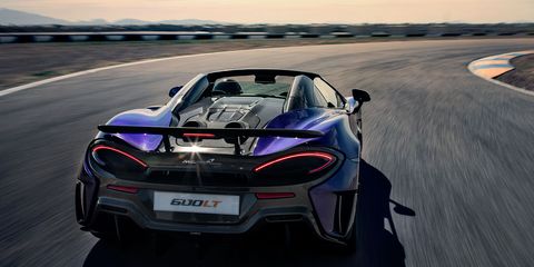 The McLaren 600LT Spider houses a 3.8-liter twin-turbo V8 making 592 hp and 457 lb-ft of torque.