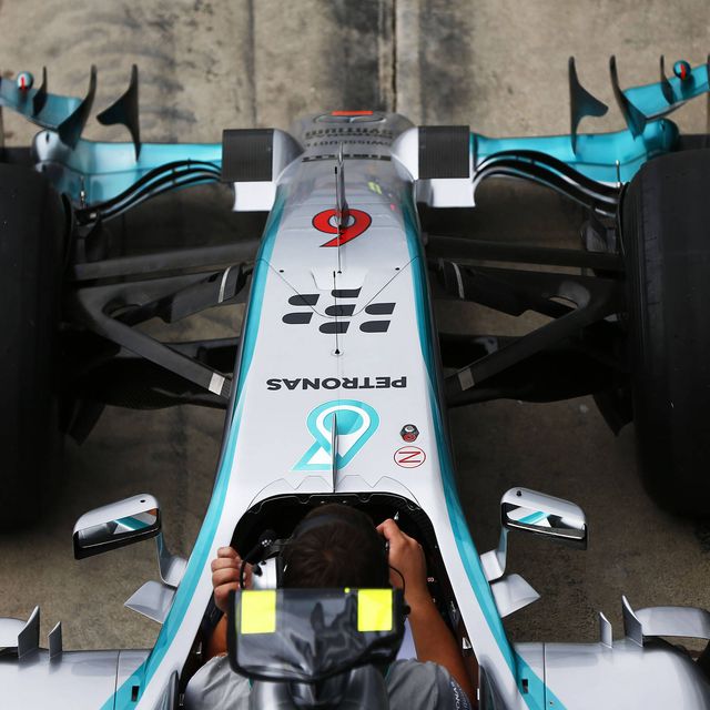Front wing of Lewis Hamilton's Mercedes Formula One car. Mercedes F1 and Scuderia Ferrari both have noses that almost meet the FIA's new 2015 regulations, unlike the rest of the field.