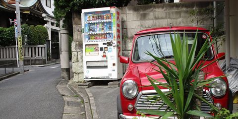 From left to right: the Hirata Shrine in Shibuya, Kirin vending machine, daily-driver Austin Mini.