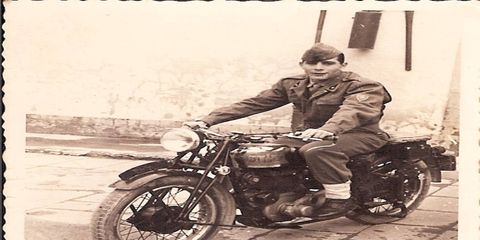 The senior Tallini on a motorcycle post-war. It's not a Moto Guzzi Airone, but it's of the same time period as the bike he's getting Sunday for Father's Day.