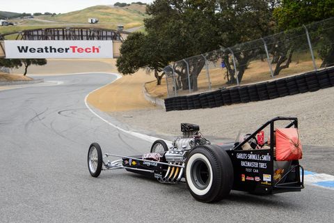 The car was pushed with Messner in the seat to roll down the Corkscrew. Messner actually got the car to light while going down, and he drove it back to the paddock! An official called over the radio, "We have a dragster coming around Turn 9," surely a first in the 61-year history of the track.