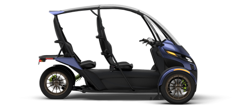 The Arcimoto SRK is a two-seat, three-wheeled electric car that will go 70 or 130 miles on a charge with a base price of $11,900. Plans call for it to be out by the end of the year.