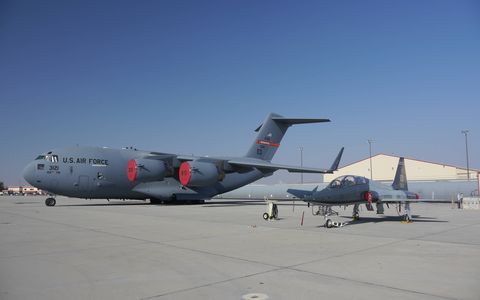 Edwards Air Force Base in California has seen more advances in aircraft and aerospace than probably anywhere in the world. Here are some of the planes parked at the Ferrari show as well as some from the base museum. Here's a C-17 and a T-5.