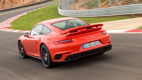 The 2018 Porsche 911 Turbo S gets a 3.8-liter turbocharged H6, AWD and a seven-speed dual-clutch transmission.
