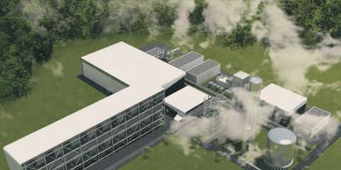 Carbon Engineering aims to create synthetic fuel using carbon dioxide pulled from the air. Will its products be more realistic than this production facility rendering?