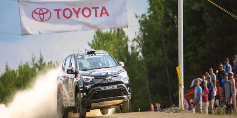 Toyota wants more young male buyers for its RAV4 crossover so it sponsored Ryan Millen in Rally America. Here he is shredding the course in the fwd CUV.