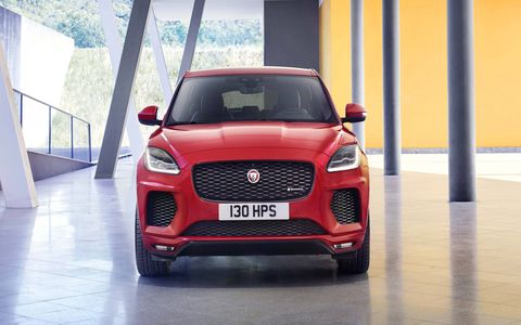 The Jaguar E-Pace is available with two four-cylinder engines, one making 246 hp and the other making 296 hp.