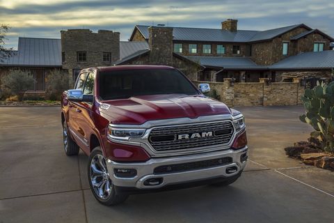 The 2019 Ram 1500 Limited is the all-new full-size truck's loaded range-topper. A 5.7-liter V8 is standard, along with air suspension and lots of leather; tech features like the massive 12-inch touchscreen are available.