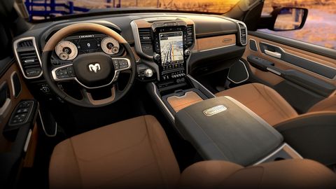 The 2019 Ram 1500 Longhorn gets wood and leather trim along with embossed logos everywhere.