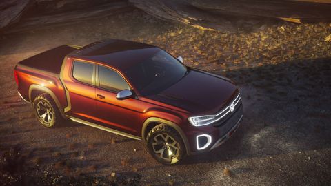 Based on the Volkswagen Atlas SUV, the Tanoak pickup concept gives us an idea of what a new VW pickup might look like. The concept rides on a 128.3-inch wheelbase and sports a 64.1-inch bed.