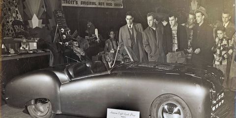 Farago's Fiat draws a crowd at a Detroit hot rod and custom show. Exact year and location unknown.