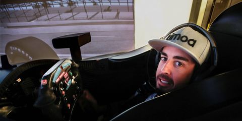 Fernando Alonso takes a spin around the Indianapolis Motor Speedway in a simulator this week.