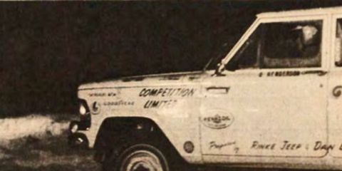 A Competition Ltd. Jeep Wagoneer on its way to winning the 1973 Sno*Drift winter rally.
