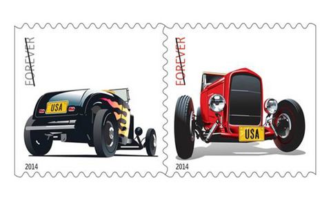 These are the two USPS stamps featuring hot rods. You can see the rods at the Petersen Wednesday.