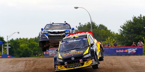 Tanner Foust races to the victory at the Volkswagen Rallycross NY event at Uniondale, NY., on Sunday.