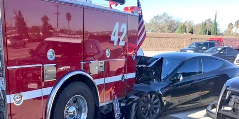 Culver City firefighters posted a photo of the crash in which the Model S rear-ended a fire engine.