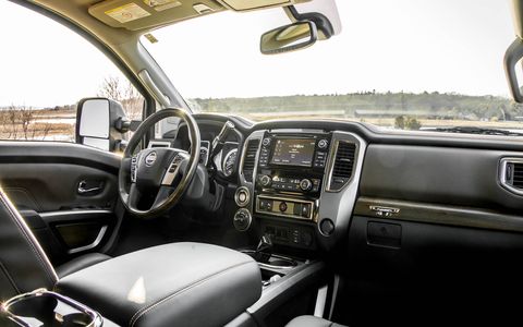 The 2016 Nissan Titan XD Platinum Reserve features a 5.0-liter Cummins turbo diesel producing 310 hp and 555 lb-ft of torque.