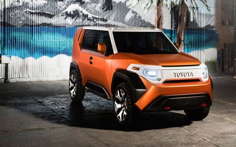 Toyota revealed the FT-4X concept at the 2017 New York auto show. Roughly the same size as the C-HR, this crossover SUV is ruggedized and packed with lots of outdoorsy details, like removable lights, water bottles and heaters that swivel to dry wet gear.