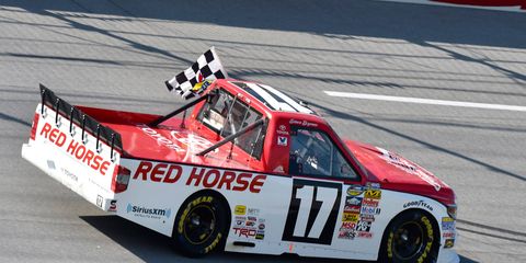 NASCAR Camping World Truck Series driver Timothy Peters won for the first time in 2014 on Sunday at Talladega Superspeedway.