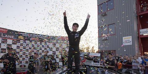Will Rodgers celebrates in victory lane after winning the NASCAR K&N Pro Series East JUSTDRIVE.com 125.