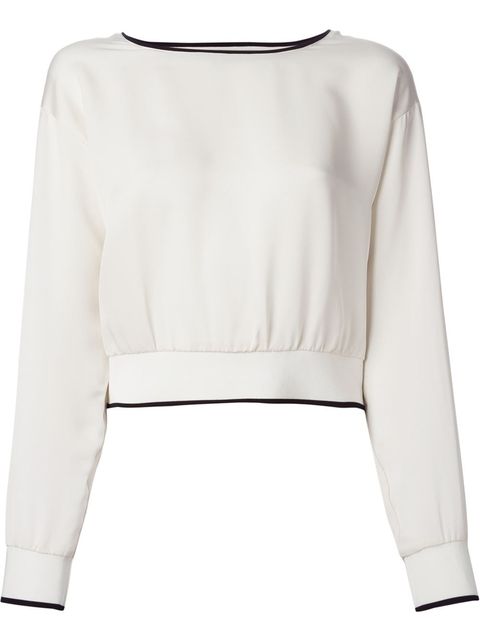 white cropped sweater with navy blue trim by theory