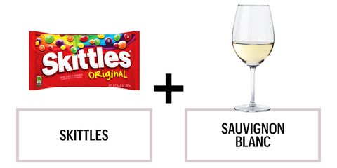 <p>Both Robinson and Mekis agree that this is the ideal pairing for serious deliciousness. "The sharp tart flavors of the Skittles will pair nicely with a wine that has a tropical fruit and aroma flavors to match," says Mekis. Basically, bright and fruity goes with bright and fruity. Done and done. </p><p><strong>Recommended wines: </strong>ONEHOPE Sauvignon Blanc or Seven Sauv Blanc 2014</p>