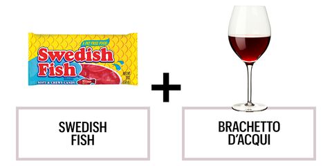 <p>A sparkling red wine is perfect for the fruity Swedish Fish. "Typically this wine is paired with chocolate, but I think the berry flavors in each complement each other," says Breitkreutz. "Plus, the light bubbles of the red dessert wine will help keep the fish from sticking to your teeth!" Solid point. </p><p><strong>Recommended wine:</strong> Rosa Regale Spumante 2009</p>