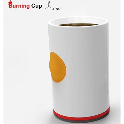 <p>The burning cup was designed to keep hot beverages hot, without the quick cool down that often occurs when regular coffee cups are used. What's the difference? This brightly colored cup contains sodium acetate inside, which allows the cup to keep the liquid inside it at a consistent temperature over a longer period of time. Pressing the yellow button activates the burning cup system, generating heat and keeping your coffee or other beverages warm.</p>
<p><a href="http://www.ryan-j.com/2012/06/burning-cup.html" target="_blank">ryan-j.com</a></p>