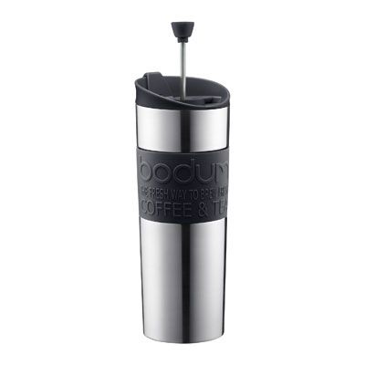<p>If you want great coffee on the go, but don't want a gadget that requires cords and electricity, a traveling French press might be the ideal option. This chic piece of equipment looks like any other travel mug, but contains the usual French press apparatus — a plunger and mesh filter — inside, so coffee-lovers can prepare a fresh brew anywhere, anytime, no fancy, energy-hungry appliances needed.</p>
<p><a href="http://bodum.bodum.com/us/en-us/shop/detail/11057-01BUS/" target="_blank">bodum.com</a></p>