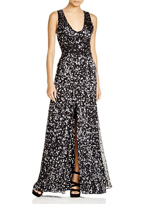 parker black sleeveless printed gown