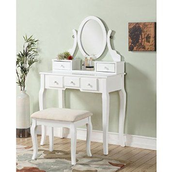 roundhill furniture ashley wood make-up vanity table and stool set white