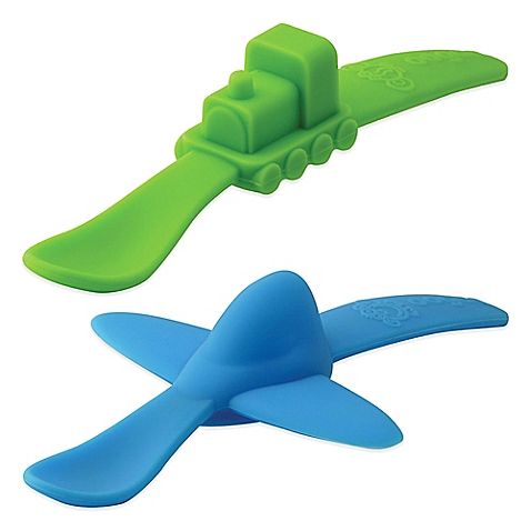 oogaa 2-pack planes and trains silicone spoons blue green