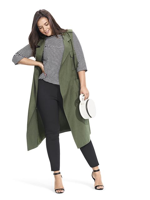 striped tee and olive trench vest with black cropped pants