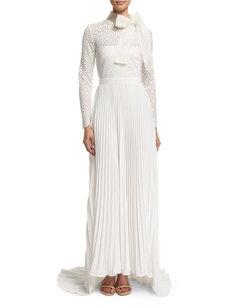 Self-Portrait Long-Sleeve Pleated Lace-Trim Gown