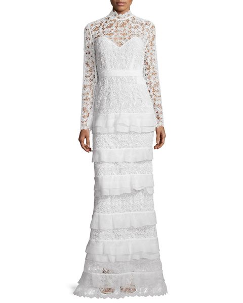 Self-Portrait Primrose Long-Sleeve Tiered Lace Gown